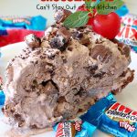 Twix Cookies 'n Cream Chocolate Pie | Can't Stay Out of the Kitchen | this luscious #ChocolatePie uses only 5 ingredients. It's so easy to make for company or #holidays. If you love #TwixCandyBars & #Oreos, you'll love this fabulous #dessert. #chocolate #ChocolateDessert #TwixDessert #5IngredientRecipe #TwixCookiesNCreamChocolatePie