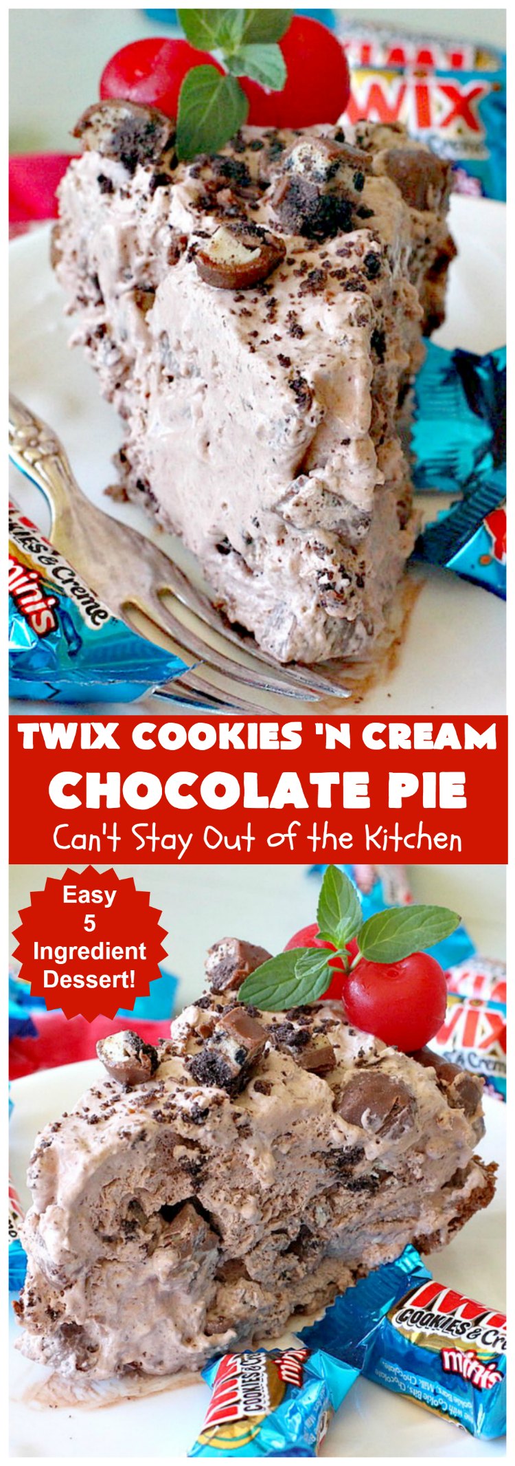 Twix Cookies 'n Cream Chocolate Pie | Can't Stay Out of the Kitchen | this luscious #ChocolatePie uses only 5 ingredients. It's so easy to make for company or #holidays. If you love #TwixCandyBars & #Oreos, you'll love this fabulous #dessert. #chocolate #ChocolateDessert #TwixDessert #5IngredientRecipe #TwixCookiesNCreamChocolatePie