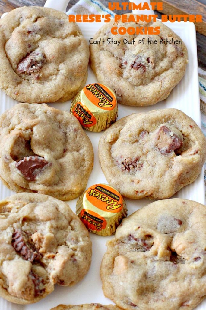 Ultimate Reese's Peanut Butter Cookies | Can't Stay Out of the Kitchen | these amazing #cookies contain double the #peanutbutter flavor with peanut butter chips & #Reeses peanut butter cups! Rich, decadent, divine #dessert that's the perfect way to use up #halloween candy. 
