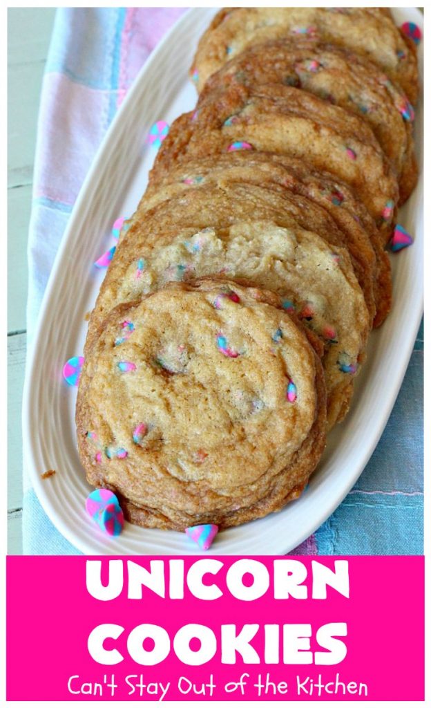 Unicorn Cookies | Can't Stay Out of the Kitchen | these adorable #cookies are made with #Nestles #Unicorn morsels. Terrific for #BirthdayParties or #holidays. #tailgating #dessert #HolidayDessert #ChristmasCookieExchange #UnicornCookies