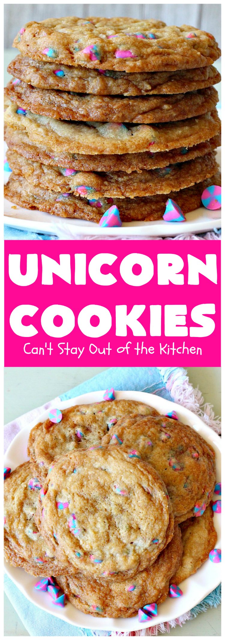 Unicorn Cookies | Can't Stay Out of the Kitchen | these adorable #cookies are made with #Nestles #Unicorn morsels. Terrific for #BirthdayParties or #holidays. #tailgating  #dessert #HolidayDessert #ChristmasCookieExchange #UnicornCookies