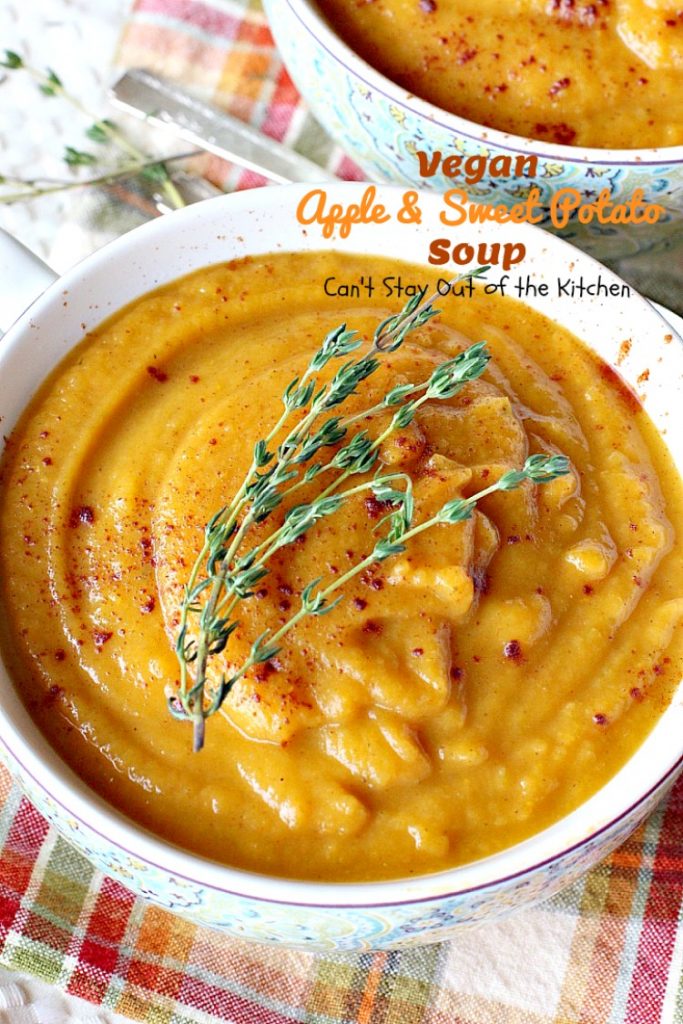 Vegan Apple and Sweet Potato Soup | Can't Stay Out of the Kitchen | this #soup is so delicious (& easy to make) that you won't believe it's healthy, low calorie, #glutenfree & #vegan. Incredibly great comfort food! #apples #sweetpotatoes 