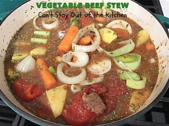Vegetable Beef Stew | Can't Stay Out of the Kitchen | this amazing #BeefStew is one of our favorite comfort food #recipes. It's so hearty, filling & satisfying that you'll want second & third helpings! #potatoes #carrots #beef #peas #corn #GreenBeans #VegetableBeefStew