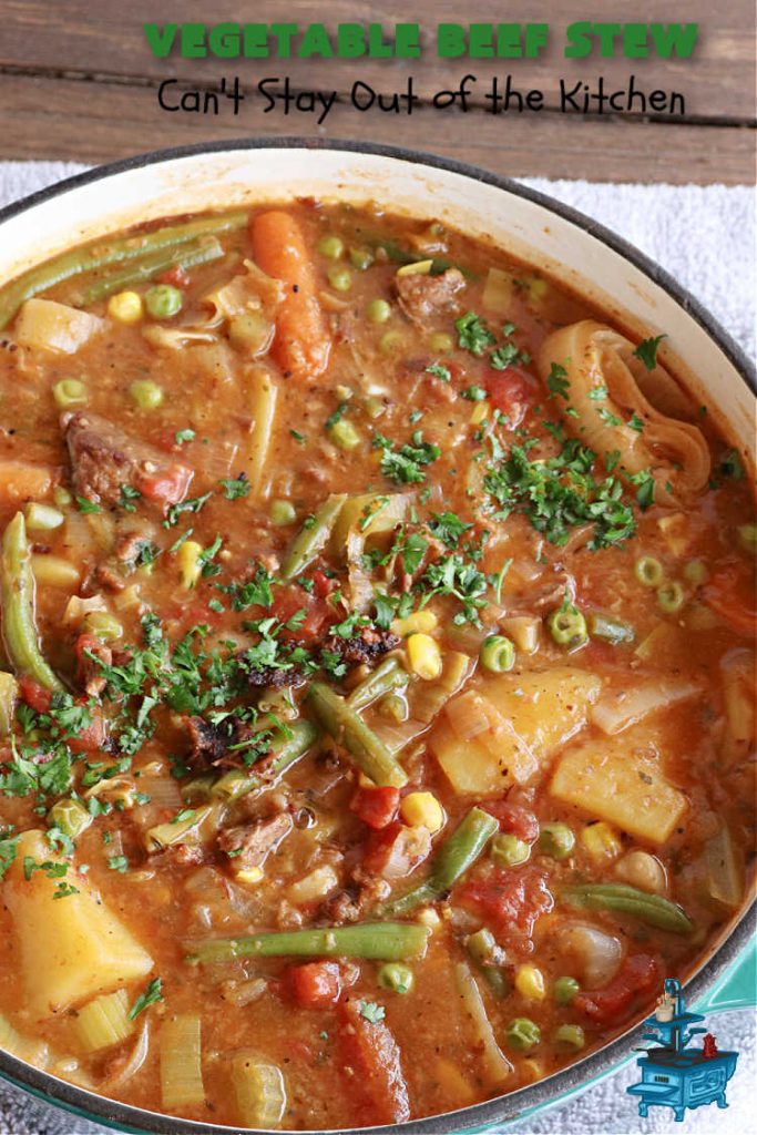 Vegetable Beef Stew | Can't Stay Out of the Kitchen | this amazing #BeefStew is one of our favorite comfort food #recipes. It's so hearty, filling & satisfying that you'll want second & third helpings! #potatoes #carrots #beef #peas #corn #GreenBeans #VegetableBeefStew