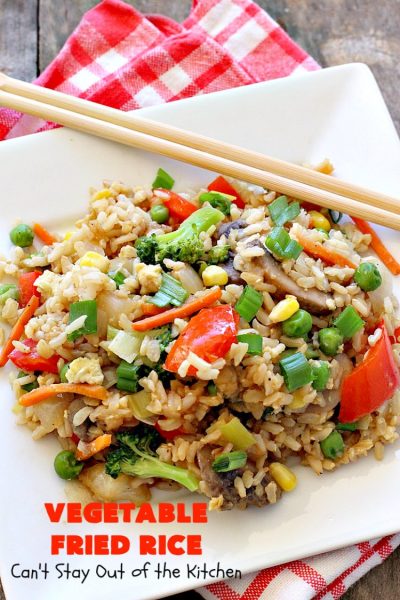 Vegetable Fried Rice | Can't Stay Out of the Kitchen | fantastic 30-minute meal! This amazing #MeatlessMonday entree is chocked full of delicious #veggies making it a much healthier version than many store-bought #FriedRice options. I made it in bulk for #freezermeals. #rice #broccoli #carrots #mushrooms