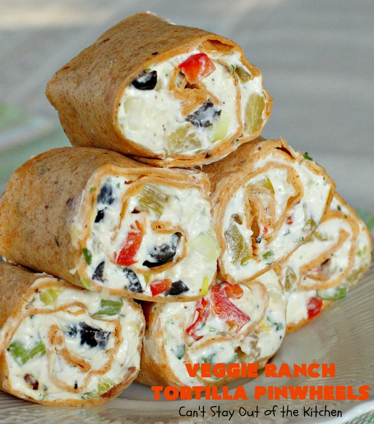 Veggie Ranch Tortilla Pinwheels | Can't Stay Out of the Kitchen | these #TexMex #appetizers are heavenly! They're made with a cream cheese & #Ranch dressing mix base. Then filled with green #chilies, #bacon, #olives & #peppers. Perfect for #tailgating, #NewYearsEve or #SuperBowl parties!