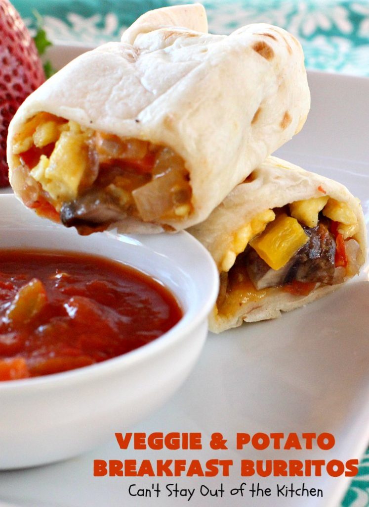 Veggie and Potato Breakfast Burritos | Can't Stay Out of the Kitchen | these delightful #BreakfastBurritos are awesome for a weekend, company or #holiday #breakfast. They can easily be prepared & frozen in advance & then microwaved before serving. Terrific for a grab and go breakfast too. #Tortillas #eggs #CheddarCheese #mushrooms #potatoes #Vegetarian #vegetables #VeggieAndPotatoBreakfastBurritos #brunch #HolidayBreakfast #MeatlessMondays