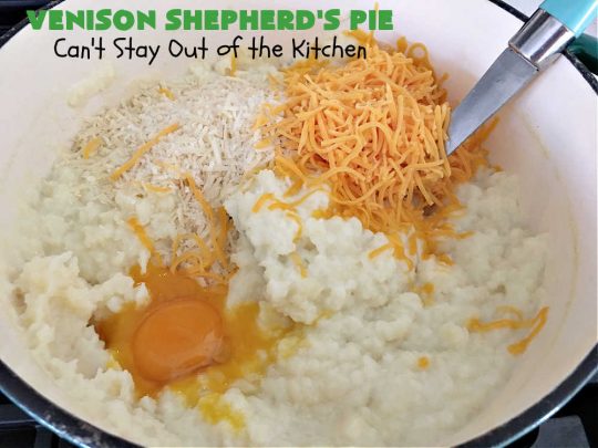 Venison Shepherd's Pie | Can't Stay Out of the Kitchen | this is a fantastic #recipe for Big Game hunters - whether for #deer or #elk. It's covered with a scrumptious #MashedPotatoes layer filled with #CheddarCheese & #ParmesanCheese. It's incredibly tasty and wonderful for family or company dinners or #potlucks. #ShepherdsPie #VenisonShepherdsPie #DeerPie #venison #VenisonPie #GlutenFree #GroundDeerMeatVenison Shepherd's Pie | Can't Stay Out of the Kitchen | this is a fantastic #recipe for Big Game hunters - whether for #deer or #elk. It's covered with a scrumptious #MashedPotatoes layer filled with #CheddarCheese & #ParmesanCheese. It's incredibly tasty and wonderful for family or company dinners or #potlucks. #ShepherdsPie #VenisonShepherdsPie #DeerPie #venison #VenisonPie #GlutenFree #GroundDeerMeat
