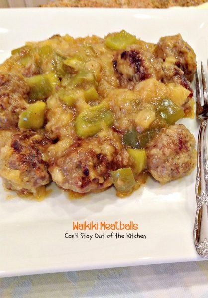 Waikiki Meatballs | Can't Stay Out of the Kitchen | these tasty #meatballs are combined with #pineapple and #greenpepper in a lovely soy and ginger sauce. #beef #asian