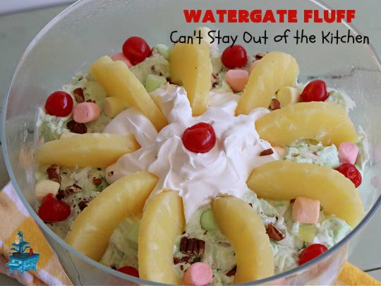 Watergate Fluff | Can't Stay Out of the Kitchen | this luscious #salad includes #pineapple #PistachioPuddingMix #CoolWhip, #pecans, #coconut & #marshmallows. It's so easy to prepare & great for any potluck, #holiday or company dinner. Everyone raves over this scrumptious #SideDish. #WatergateSalad #WatergateFluff