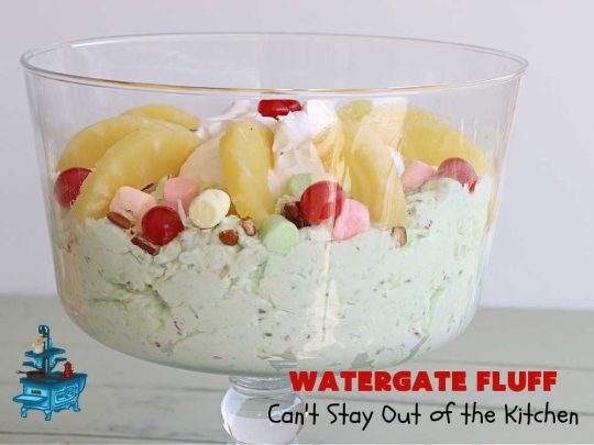 Watergate Fluff | Can't Stay Out of the Kitchen | this luscious #salad includes #pineapple #PistachioPuddingMix #CoolWhip, #pecans, #coconut & #marshmallows. It's so easy to prepare & great for any potluck, #holiday or company dinner. Everyone raves over this scrumptious #SideDish. #WatergateSalad #WatergateFluffWatergate Fluff | Can't Stay Out of the Kitchen | this luscious #salad includes #pineapple #PistachioPuddingMix #CoolWhip, #pecans, #coconut & #marshmallows. It's so easy to prepare & great for any potluck, #holiday or company dinner. Everyone raves over this scrumptious #SideDish. #WatergateSalad #WatergateFluff