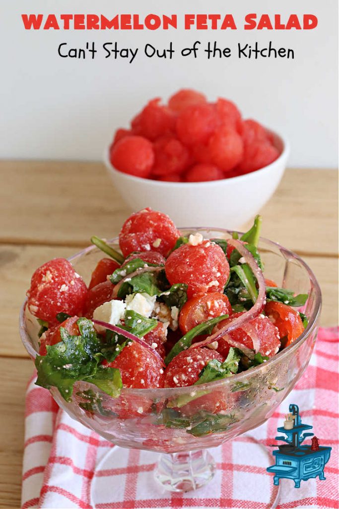Watermelon Feta Salad | Can't Stay Out of the Kitchen | this fantastic #salad is #healthy, #SugarFree, #GlutenFree & #LowCalorie. It's fabulous to whip up for potlucks or company but easy enough for everyday menus. The combination of flavors with the #SaladDressing is mouthwatering & irresistible. #watermelon #GrapeTomatoes #FetaCheese #BalsamicVinaigrette #WatermelonFetaSalad