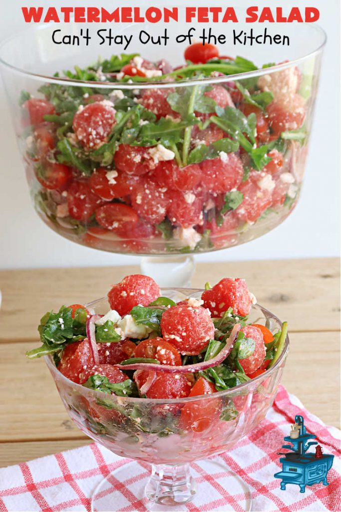 Watermelon Feta Salad | Can't Stay Out of the Kitchen | this fantastic #salad is #healthy, #SugarFree, #GlutenFree & #LowCalorie. It's fabulous to whip up for potlucks or company but easy enough for everyday menus. The combination of flavors with the #SaladDressing is mouthwatering & irresistible. #watermelon #GrapeTomatoes #FetaCheese #BalsamicVinaigrette #WatermelonFetaSalad