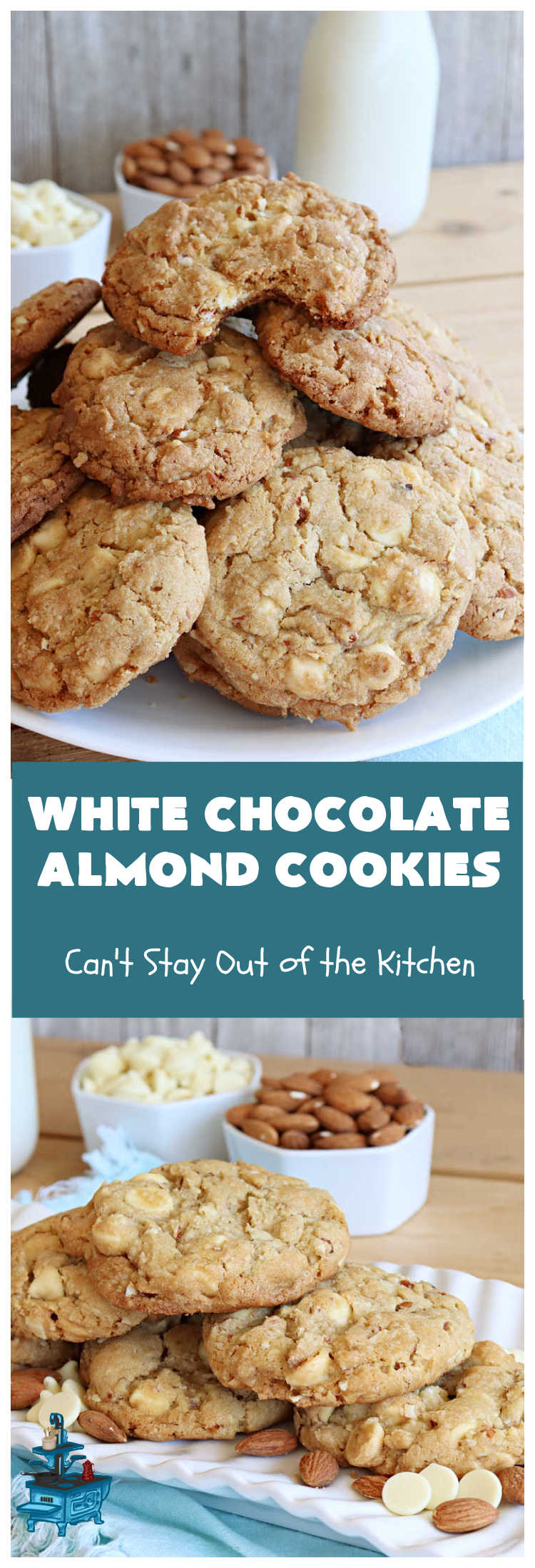 White Chocolate Almond Cookies | Can't Stay Out of the Kitchen | these delectable #cookies are made with REAL #WhiteChocolateChips not merely vanilla chips so they have that chocolaty flavor everyone loves. Plus they're chocked full of diced #almonds which add another dimension and flavor that's simply heavenly. Excellent for a potluck, #ChristmasCookieExchange or #tailgating party. Every bite will rock your world! #chocolate #dessert #HolidayDessert #ChocolateDessert #WhiteChocolateAlmondCookies