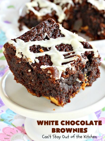 White Chocolate Brownies | Can't Stay Out of the Kitchen | these spectacular #brownies have 5X the #chocolate with #cocoa, chocolate extract, #Hersheys #ChocolateSyrup, #WhiteChocolateChips & #WhiteChocolate icing. They are rich, decadent & absolutely divine! Perfect for #holidays, potlucks, #tailgating parties & backyard BBQs. #cookies #ChocolateDessert #WhiteChocolateBrownies