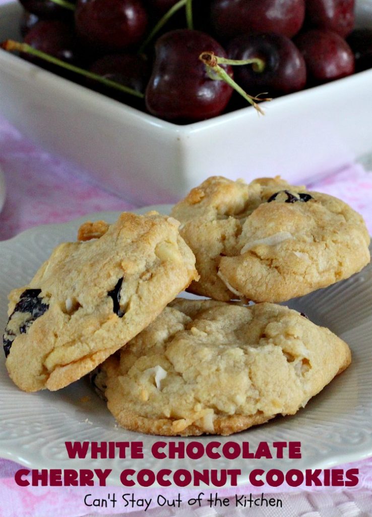 White Chocolate Cherry Coconut Cookies | Can't Stay Out of the Kitchen | these amazing #cookies have it all! They're festive, beautiful and taste incredibly good. Perfect for #holiday parties or #ChristmasCookieExchanges. #tailgating #dessert #ChocolateDessert #WhiteChocolateChips #Cherries #coconut #CherryDessert