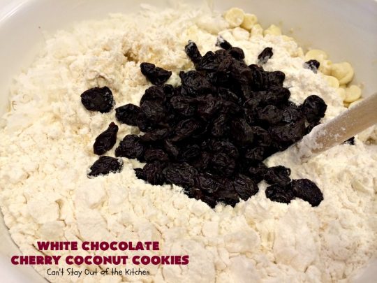 White Chocolate Cherry Coconut Cookies | Can't Stay Out of the Kitchen | these amazing #cookies have it all! They're festive, beautiful and taste incredibly good. Perfect for #holiday parties or #ChristmasCookieExchanges. #tailgating #dessert #ChocolateDessert #WhiteChocolateChips #Cherries #coconut #CherryDessert