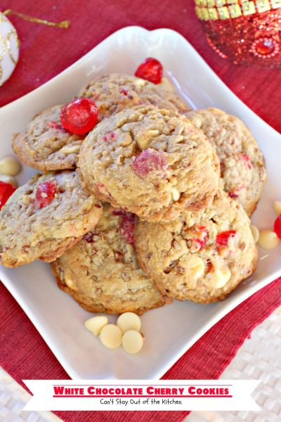 White Chocolate Cherry Cookies | Can't Stay Out of the Kitchen | these sensational #cookies are perfect for #holiday #baking. They're filled with #whitechocolatechips #candiedcherries and #pecans. #dessert #chocolate