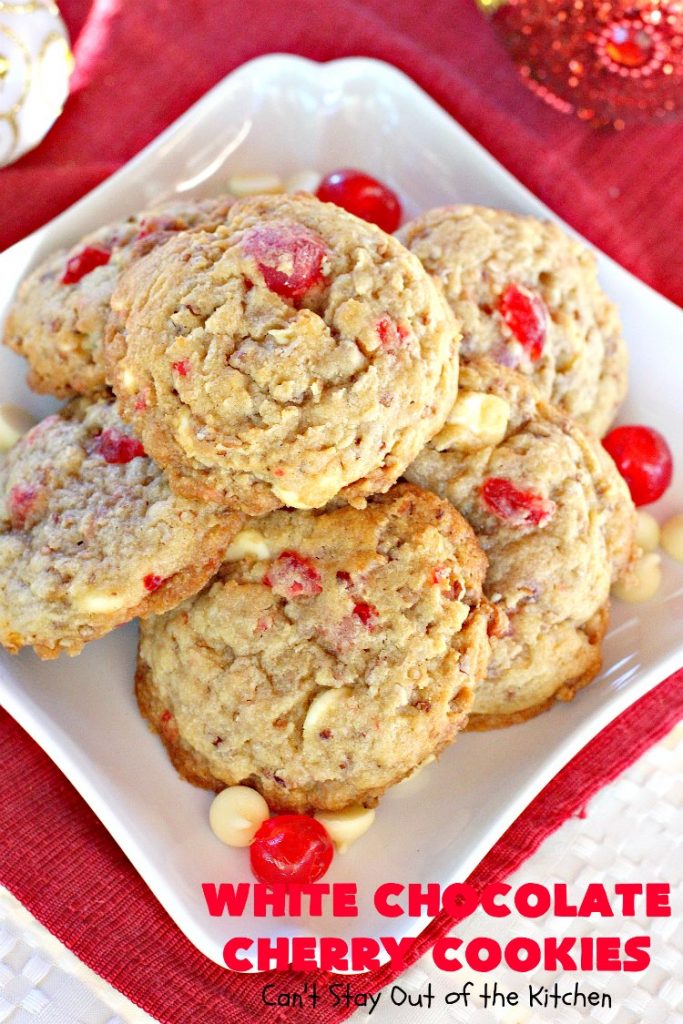 White Chocolate Cherry Cookies | Can't Stay Out of the Kitchen | these over-the-top #cookies will knock your socks off! They're filled with white #chocolate chips, #pecans & #candiedcherries. They're awesome for #holiday #baking & #Christmas #cookie exchanges. #dessert #cherrydessert #ChristmasDessert #whitechocolatedessert #chocolatedessert #whitechocolate
