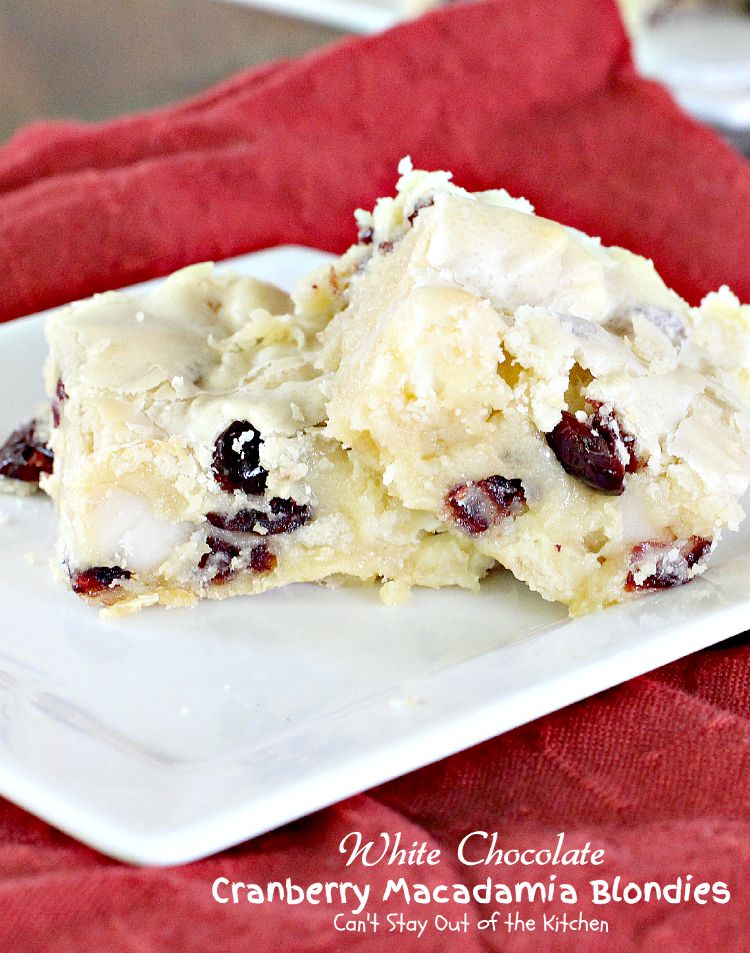 White Chocolate Cranberry Macadamia Blondies | Can't Stay Out of the Kitchen | these luscious #brownies are great for the #holidays or any time you want a special treat. #chocolate #cranberries #dessert