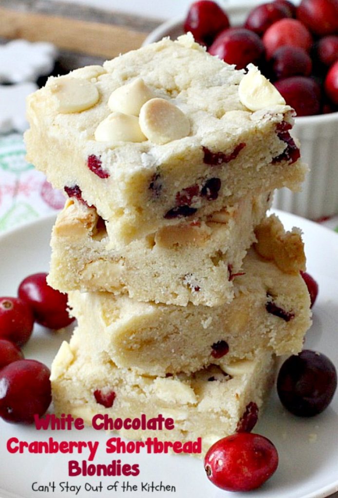 White Chocolate Cranberry Shortbread Blondies | Can't Stay Out of the Kitchen | we give out #Christmas #cookies every year and these were one of the favorites. Exceptionally good & easy to make. #dessert #chocolate #craisins