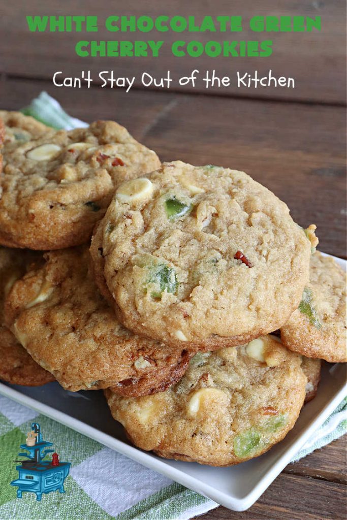 White Chocolate Green Cherry Cookies | Can't Stay Out of the Kitchen | these fantastic #cookies are perfect for #holiday parties & #ChristmasBaking. They include #WhiteChocolateChips & candied #GreenCherries. So festive, beautiful & delicious that everyone will want more than one. Prepare to swoon as this #dessert is addictive! #HolidayDessert #ChristmasCookieExchange #ParadiseFruitComppany #WhiteChocolateGreenCherryCookies