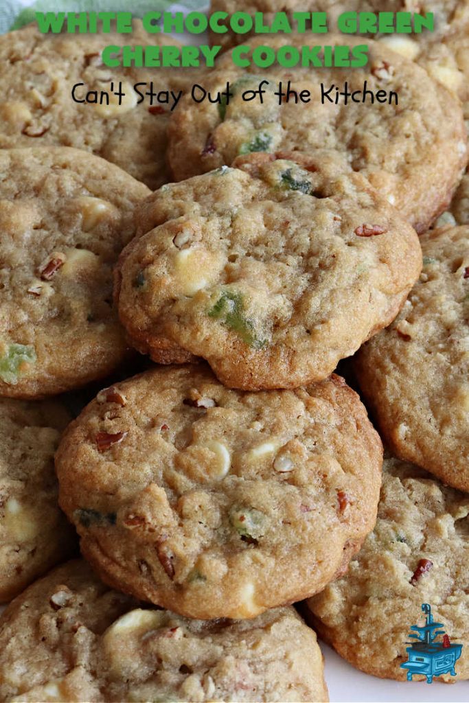 White Chocolate Green Cherry Cookies | Can't Stay Out of the Kitchen | these fantastic #cookies are perfect for #holiday parties & #ChristmasBaking. They include #WhiteChocolateChips & candied #GreenCherries. So festive, beautiful & delicious that everyone will want more than one. Prepare to swoon as this #dessert is addictive! #HolidayDessert #ChristmasCookieExchange #ParadiseFruitComppany #WhiteChocolateGreenCherryCookies