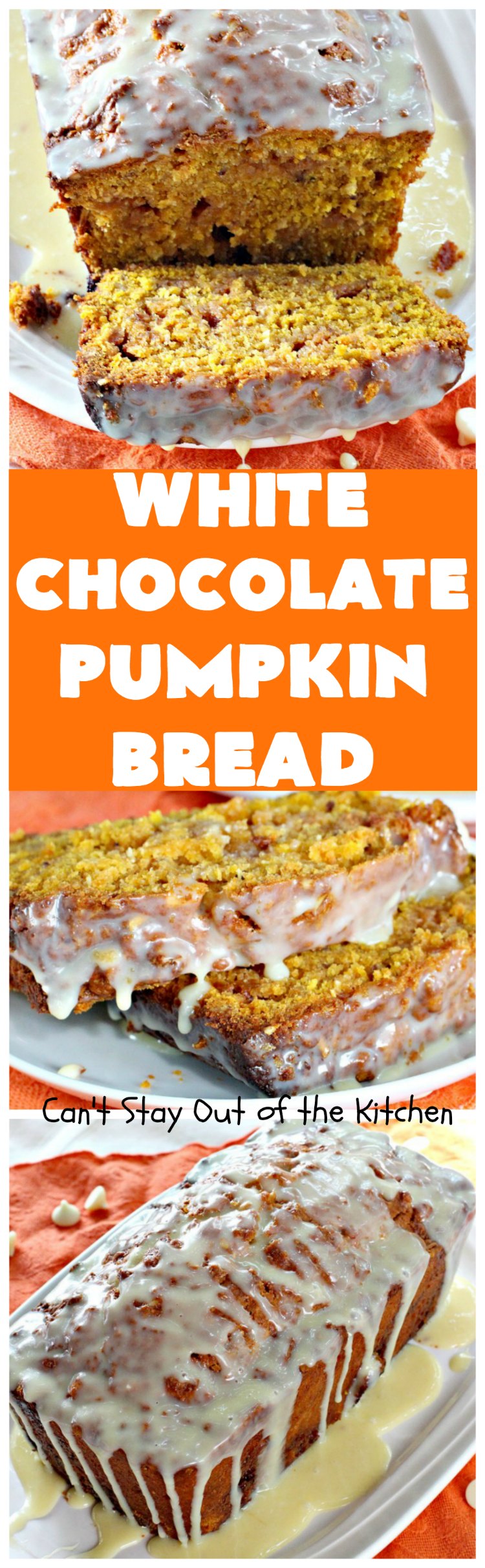 White Chocolate Pumpkin Bread | Can't Stay Out of the Kitchen | this delicious #pumpkin #bread is filled with white #chocolate chips & iced with white chocolate icing. It's perfect for #fall #baking, or #Thanksgiving or #Christmas #breakfast.