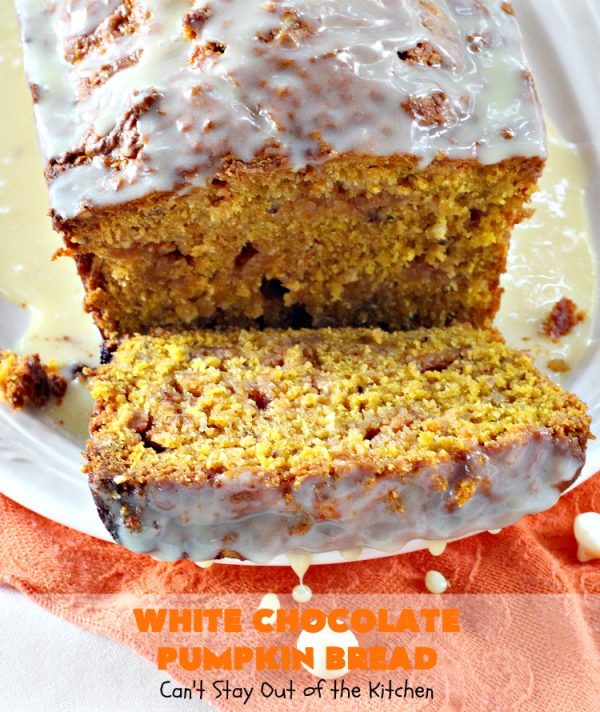 White Chocolate Pumpkin Bread | Can't Stay Out of the Kitchen | this delicious #pumpkin #bread is filled with white #chocolate chips & iced with white chocolate icing. It's perfect for #fall #baking, or #Thanksgiving or #Christmas #breakfast.