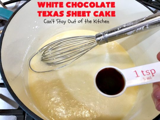 White Chocolate Texas Sheet Cake | Can't Stay Out of the Kitchen | spectacular #TexasSheetCake made with #Ghirardelli #WhiteChocolate instead! Terrific for potlucks, #tailgating parties or any kind of family get-together. #holiday #chocolate #HolidayDessert #ChocolateDessert #WhiteChocolateTexasSheetCake