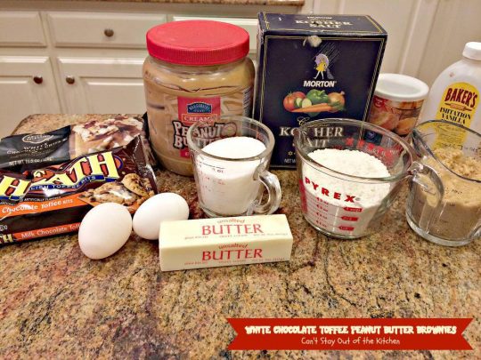 White Chocolate Toffee Peanut Butter Brownies | Can't Stay Out of the Kitchen | these delightful #brownies are filled with #peanutbutter and #HeathEnglishToffeeBits then #whitechocolatechips are swirled into the batter before baking. Amazing! #chocolate #dessert #cookie