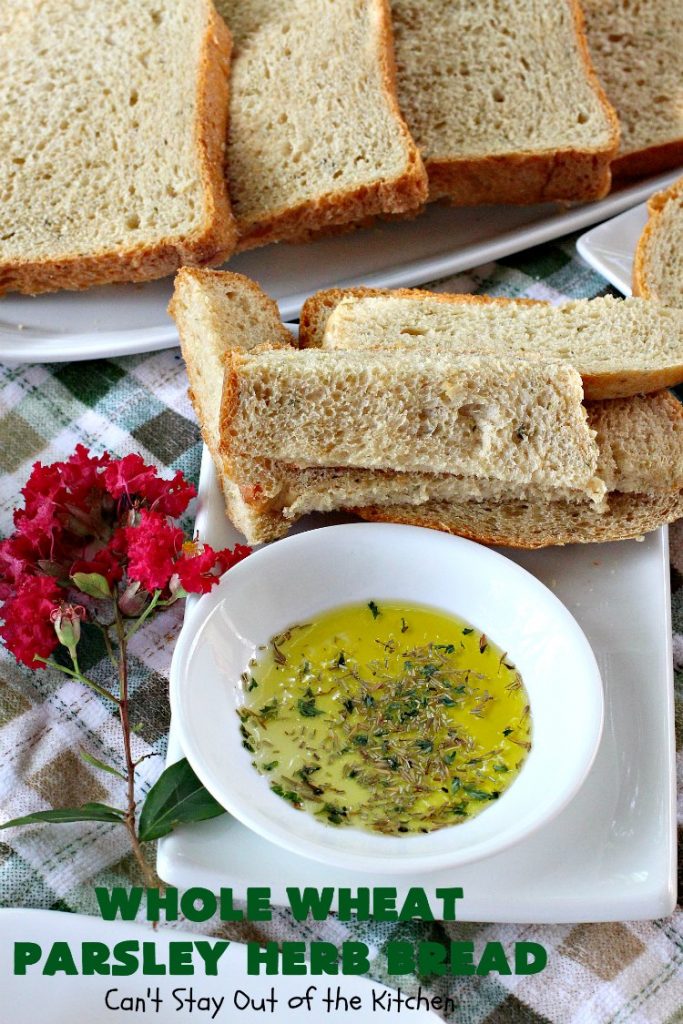 Whole Wheat Parsley Herb Bread | Can't Stay Out of the Kitchen | this is a fantastic home-baked #bread that's especially great for dipping in herbed oils. Every bite is mouthwatering. Or you can add butter and jelly and serve for #breakfast. This healthy #HomemadeBread is so easy since it's made in the #breadmaker! #WholeWheatFlour #WholeWheatParsleyHerbBread
