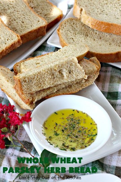 Whole Wheat Parsley Herb Bread | Can't Stay Out of the Kitchen | this is a fantastic home-baked #bread that's especially great for dipping in herbed oils. Every bite is mouthwatering. Or you can add butter and jelly and serve for #breakfast. This healthy #HomemadeBread is so easy since it's made in the #breadmaker! #WholeWheatFlour #WholeWheatParsleyHerbBread