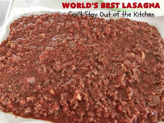 World's Best Lasagna | Can't Stay Out of the Kitchen | Wow your family, friends or company with this amazing #lasagna #recipe. Every bite will knock your socks off! #ItalianSausage adds zip & 3 cheeses, including loads of #Mozzarella & #parmesan make this cheesy entree even more delectable. #pasta #Italian #GroundBeef #RicottaCheese #BestLasagna #FavoriteLasagna #WorldsBestLasagna #WorldsGreatestLasagna