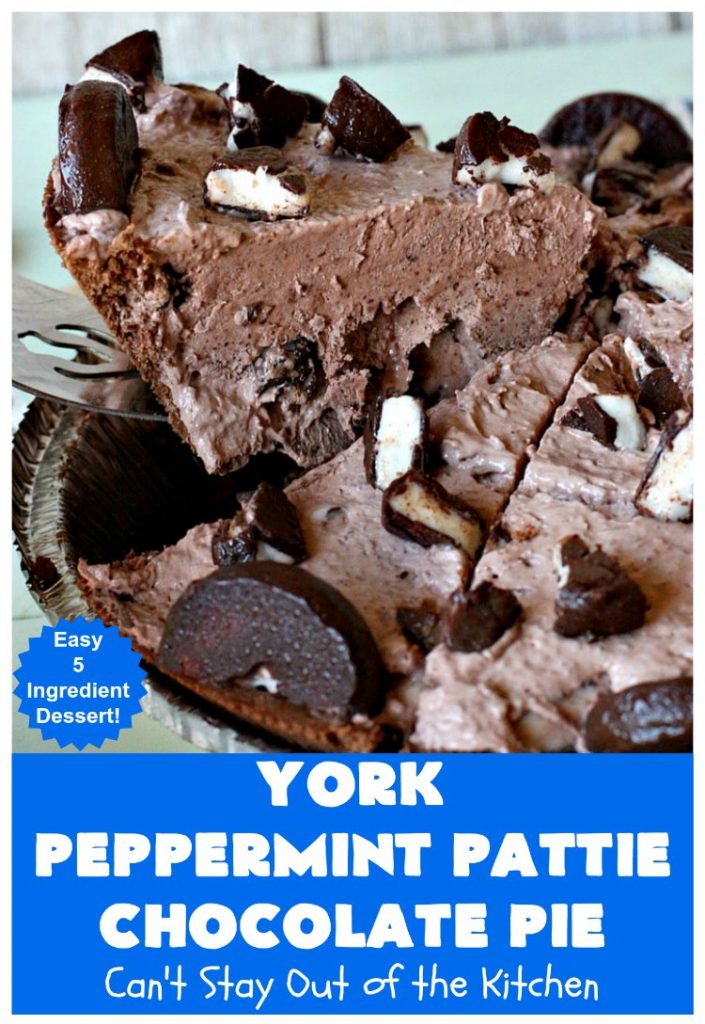 York Peppermint Pattie Chocolate Pie | Can't Stay Out of the Kitchen | this amazing #pie is chocked full of #YorkPeppermintPatties so it has amazing #chocolate & #peppermint flavor. Terrific #dessert for company or #holidays. #ChocolatePie #HolidayDessert #ChocolateDessert #PeppermintDessert #YorkPeppermintPattieChocolatePie