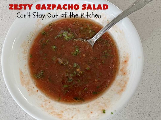 Zesty Gazpacho Salad | Can't Stay Out of the Kitchen | this easy-peasy #salad #recipe is heavenly! It's light, refreshing & the perfect #summer #salad for company, #BackyardBarbecues, #potlucks or #picnics. The #SaladDressing includes #PicanteSauce adding just a touch of zip to the #salad. #healthy, #LowCalorie, #vegan, #GlutenFree, #corn #tomatoes, #zucchini, #avocados #gazpacho #ZestyGazpachoSalad