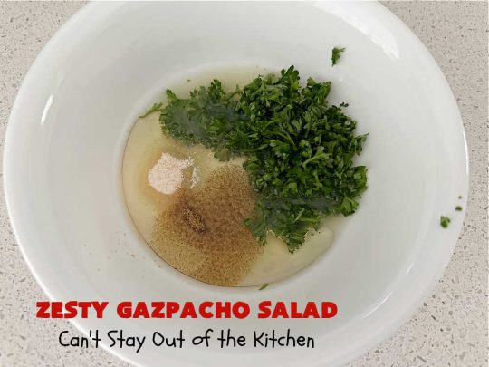 Zesty Gazpacho Salad | Can't Stay Out of the Kitchen | this easy-peasy #salad #recipe is heavenly! It's light, refreshing & the perfect #summer #salad for company, #BackyardBarbecues, #potlucks or #picnics. The #SaladDressing includes #PicanteSauce adding just a touch of zip to the #salad. #healthy, #LowCalorie, #vegan, #GlutenFree, #corn #tomatoes, #zucchini, #avocados #gazpacho #ZestyGazpachoSalad