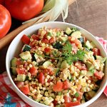 Zesty Gazpacho Salad | Can't Stay Out of the Kitchen | this easy-peasy #salad #recipe is heavenly! It's light, refreshing & the perfect #summer #salad for company, #BackyardBarbecues, #potlucks or #picnics. The #SaladDressing includes #PicanteSauce adding just a touch of zip to the #salad. #healthy, #LowCalorie, #vegan, #GlutenFree, #corn #tomatoes, #zucchini, #avocados #gazpacho #ZestyGazpachoSalad