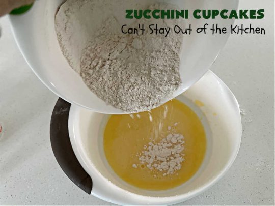 Zucchini Cupcakes | Can't Stay Out of the Kitchen | these scrumptious #cupcakes include grated #zucchini, #OrangeJuice, #cinnamon, #cloves & #AlmondExtract for an exquisite pop in flavor everyone loves. The #caramel #frosting is to die for! Perfect #dessert for any #tailgating party or #BackyardBarbecue. #ZucchiniCupcakes