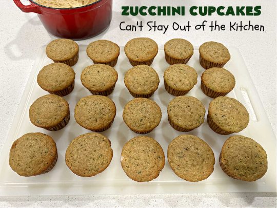 Zucchini Cupcakes | Can't Stay Out of the Kitchen | these scrumptious #cupcakes include grated #zucchini, #OrangeJuice, #cinnamon, #cloves & #AlmondExtract for an exquisite pop in flavor everyone loves. The #caramel #frosting is to die for! Perfect #dessert for any #tailgating party or #BackyardBarbecue. #ZucchiniCupcakes