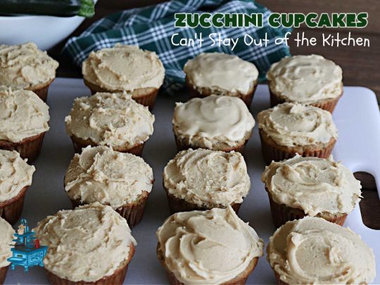 Zucchini Cupcakes | Can't Stay Out of the Kitchen | these scrumptious #cupcakes include grated #zucchini, #OrangeJuice, #cinnamon, #cloves & #AlmondExtract for an exquisite pop in flavor everyone loves. The #caramel #frosting is to die for! Perfect #dessert for any #tailgating party or #BackyardBarbecue. #ZucchiniCupcakes