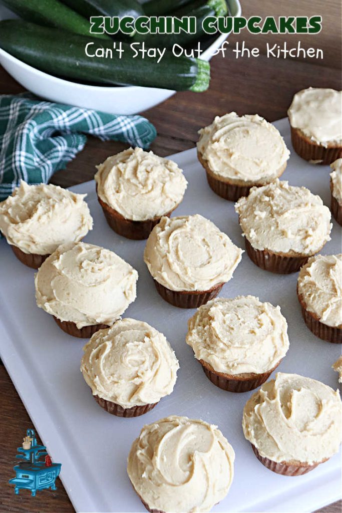 Zucchini Cupcakes | Can't Stay Out of the Kitchen | these scrumptious #cupcakes include grated #zucchini, #OrangeJuice, #cinnamon, #cloves & #AlmondExtract for an exquisite pop in flavor everyone loves. The #caramel #frosting is to die for! Perfect #dessert for any #tailgating party or #BackyardBarbecue. #ZucchiniCupcakes