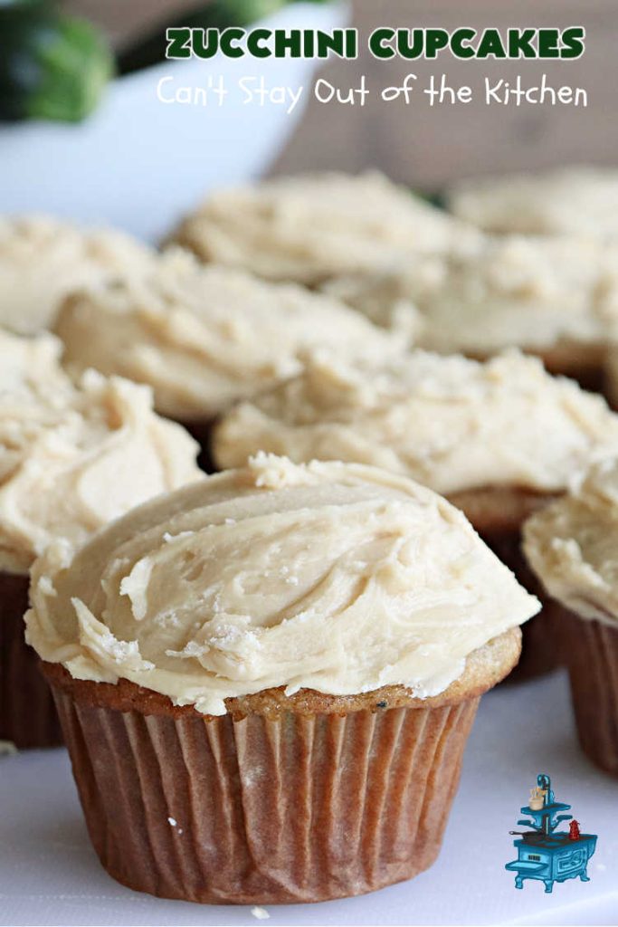 Zucchini Cupcakes | Can't Stay Out of the Kitchen | these scrumptious #cupcakes include grated #zucchini, #OrangeJuice, #cinnamon, #cloves & #AlmondExtract for an exquisite pop in flavor everyone loves. The #caramel #frosting is to die for! Perfect #dessert for any #tailgating party or #BackyardBarbecue. #ZucchiniCupcakes