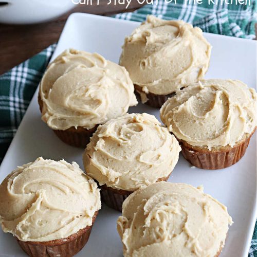 Zucchini Cupcakes | Can't Stay Out of the Kitchen | these scrumptious #cupcakes include grated #zucchini, #OrangeJuice, #cinnamon, #cloves & #AlmondExtract for an exquisite pop in flavor everyone loves. The #caramel #frosting is to die for! Perfect #dessert for any #tailgating party or #BackyardBarbecue. #ZucchiniCupcakes