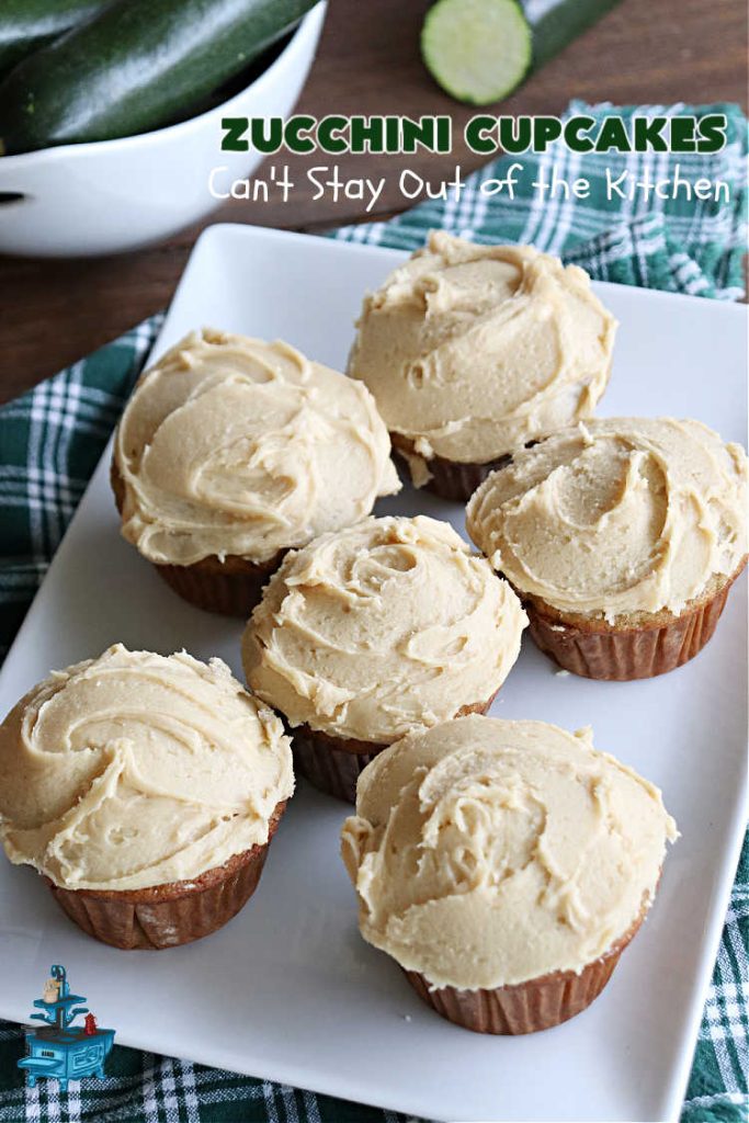 Zucchini Cupcakes | Can't Stay Out of the Kitchen | these scrumptious #cupcakes include grated #zucchini, #OrangeJuice, #cinnamon, #cloves & #AlmondExtract for an exquisite pop in flavor everyone loves. The #caramel #frosting is to die for! Perfect #dessert for any #tailgating party or #BackyardBarbecue. #ZucchiniCupcakes