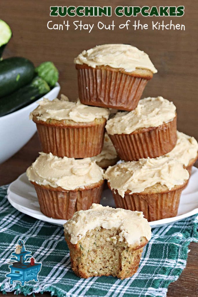 Zucchini Cupcakes | Can't Stay Out of the Kitchen | these scrumptious #cupcakes include grated #zucchini, #OrangeJuice, #cinnamon, #cloves & #AlmondExtract for an exquisite pop in flavor everyone loves. The #caramel #frosting is to die for! Perfect #dessert for any #tailgating party or #BackyardBarbecue. #ZucchiniCupcakes