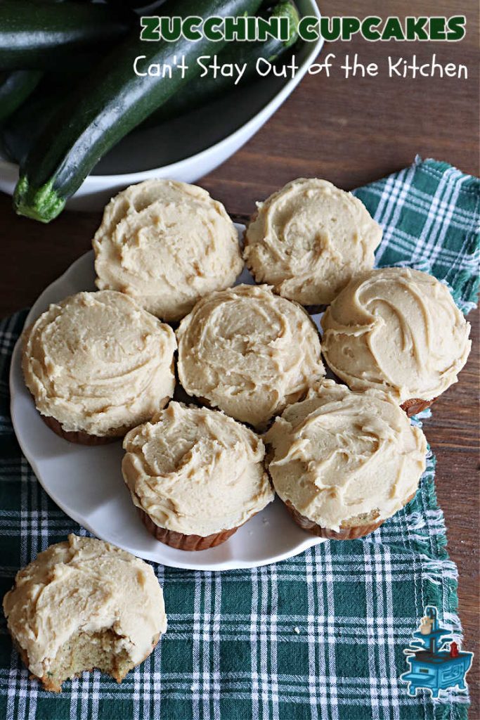 Zucchini Cupcakes | Can't Stay Out of the Kitchen | these scrumptious #cupcakes include grated #zucchini, #OrangeJuice, #cinnamon, #cloves & #AlmondExtract for an exquisite pop in flavor everyone loves. The #caramel #frosting is to die for! Perfect #dessert for any #tailgating party or #BackyardBarbecue. #ZucchiniCupcakes