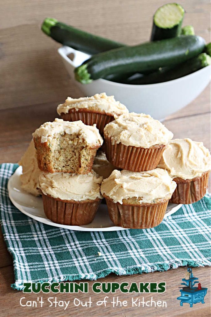 Zucchini Cupcakes | Can't Stay Out of the Kitchen | these scrumptious #cupcakes include grated #zucchini, #OrangeJuice, #cinnamon, #cloves & #AlmondExtract for an exquisite pop in flavor everyone loves. The #caramel #frosting is to die for! Perfect #dessert for any #tailgating party or #BackyardBarbecue. #ZucchiniCupcakes