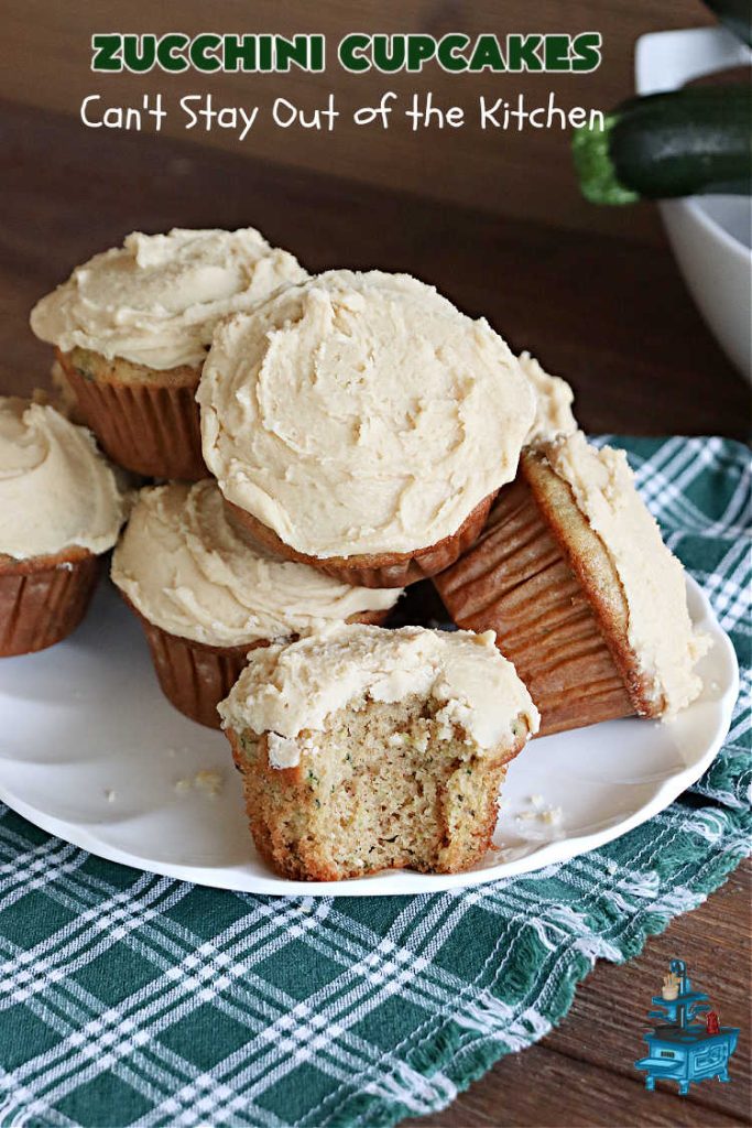 Zucchini Cupcakes | Can't Stay Out of the Kitchen | these scrumptious #cupcakes include grated #zucchini, #OrangeJuice, #cinnamon, #cloves & #AlmondExtract for an exquisite pop in flavor everyone loves. The #caramel #frosting is to die for! Perfect #dessert for any #tailgating party or #BackyardBarbecue. #ZucchiniCupcakes