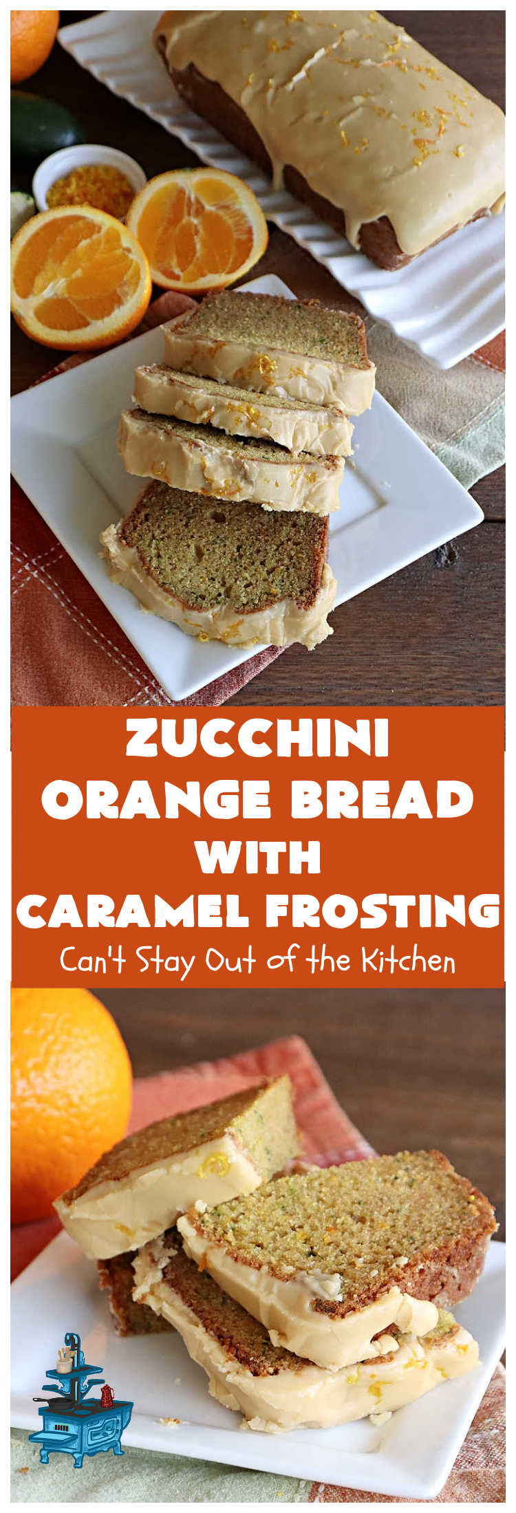 Zucchini Orange Bread with Caramel Frosting | Can't Stay Out of the Kitchen | this fantastic #ZucchiniBread includes a whole #orange & a spectacular #CaramelFrosting to die for! Every bite will have you drooling. Wonderful for #FallBaking or a #holiday #breakfast or #brunch. #bread #caramel #HolidayBreakfast #ZucchiniOrangeBreadWithCaramelFrosting
